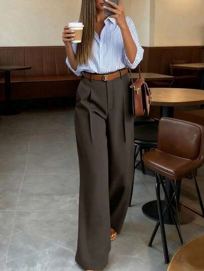 Women's Dark Brown High Waist Pleated Wide Leg Long Pants, Draped Casual Suit Pants, Elastic Waist Loose Long Trousers, Suitable For Office Business Casual, Daily Street Wear